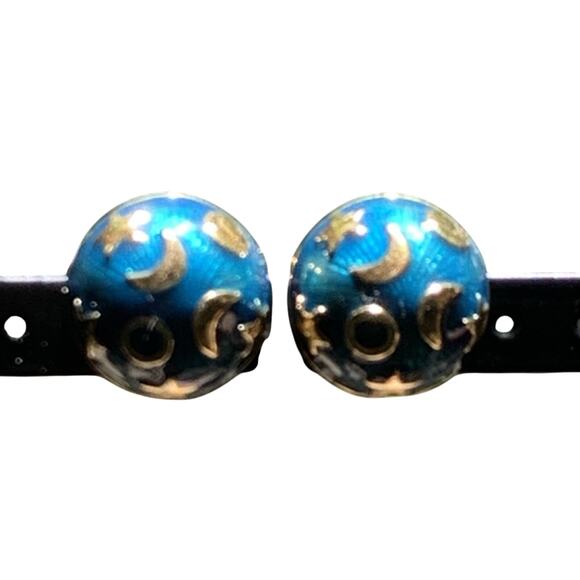 Kenneth Jane Lane (KJL) Earrings Celestial Enamel Blue & Gold Button Clip-Ons - Picture 1 of 11
